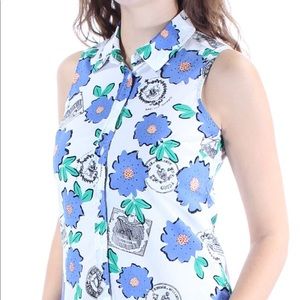 MAISON JULES Womens White Floral Sleeveless Button